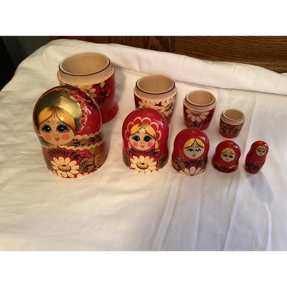 Russian Nesting Doll Wooden  5 Piece‎ Complete Preowned Red Floral Handpainted - Picture 5 of 10